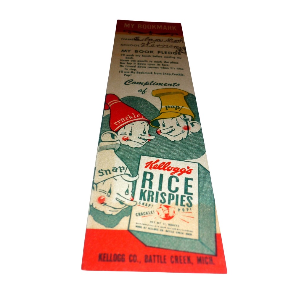 Vtg 1940s Kellogg's Rice Krispies Bookmark Snap Crackle Pop My Book Pledge Gnome